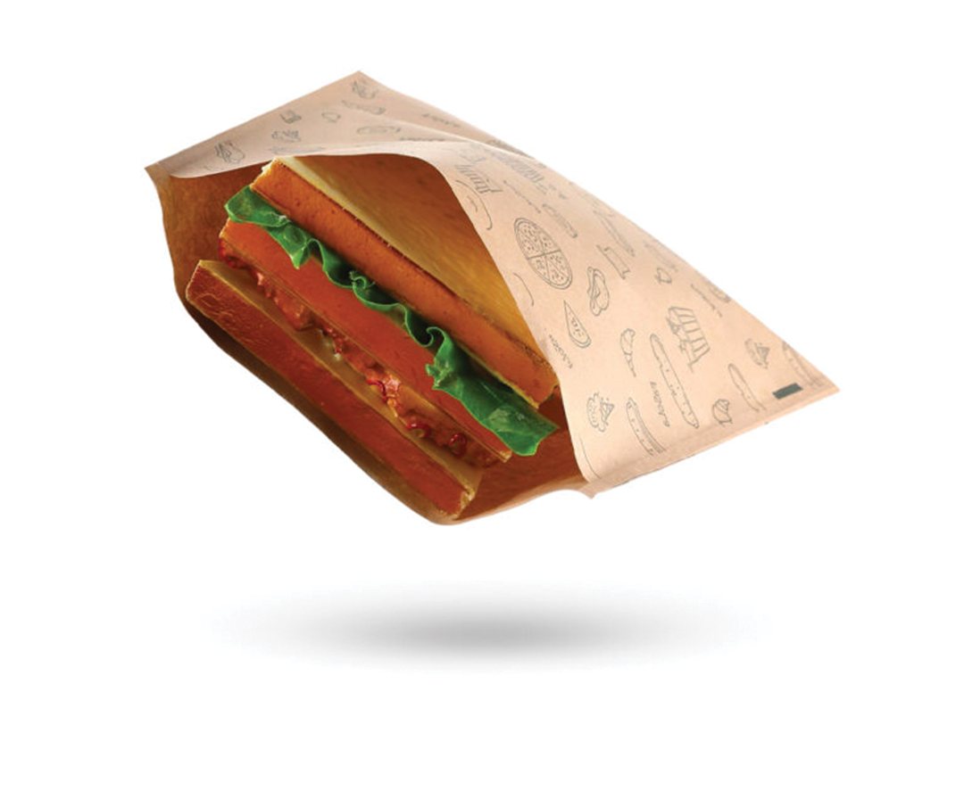 Kraft sandwich sleeve holding a filled baguette