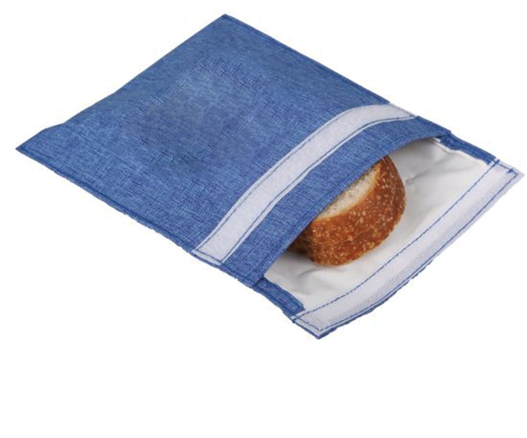 Blue printed sandwich sleeve with a clear window over the filling