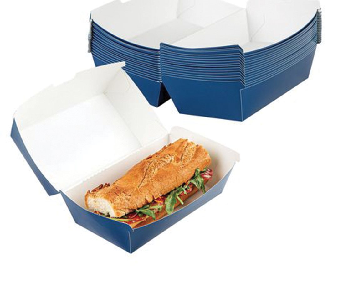 Stack of blue board trays beside one holding a baguette