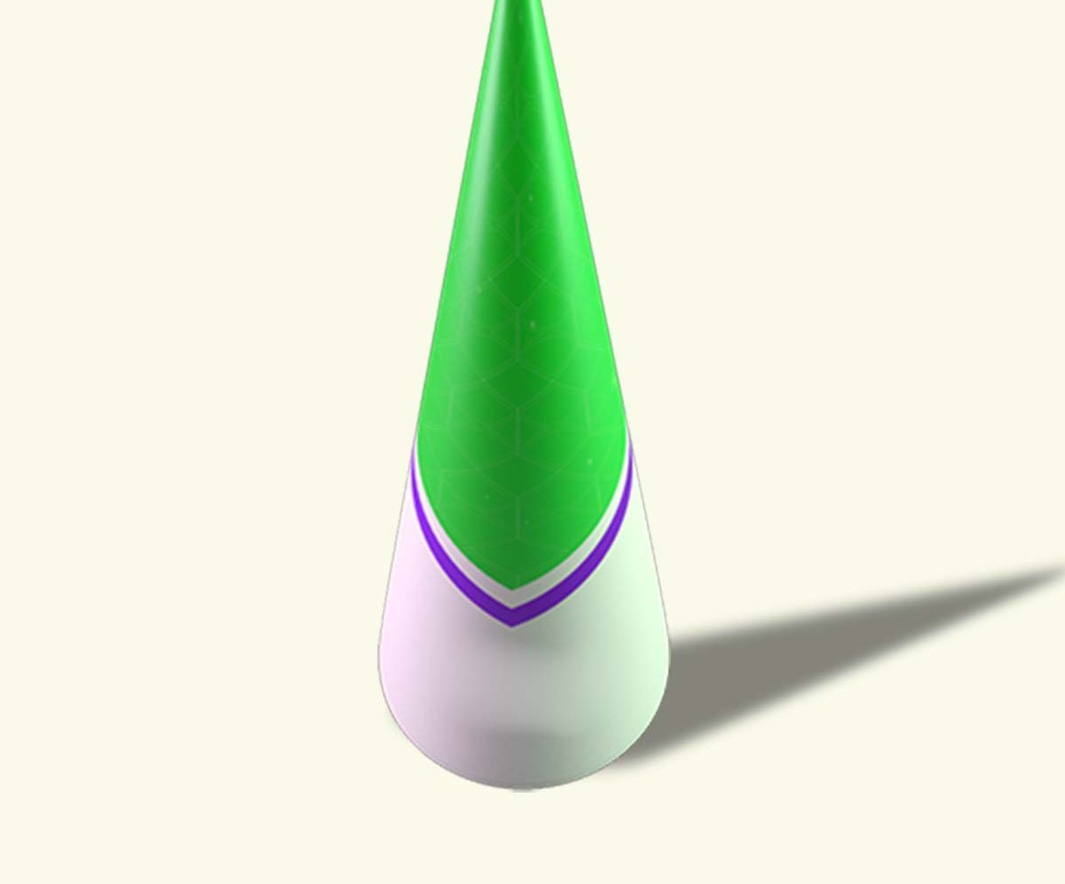 Slim green and white cone sleeve standing upright on a pale backdrop