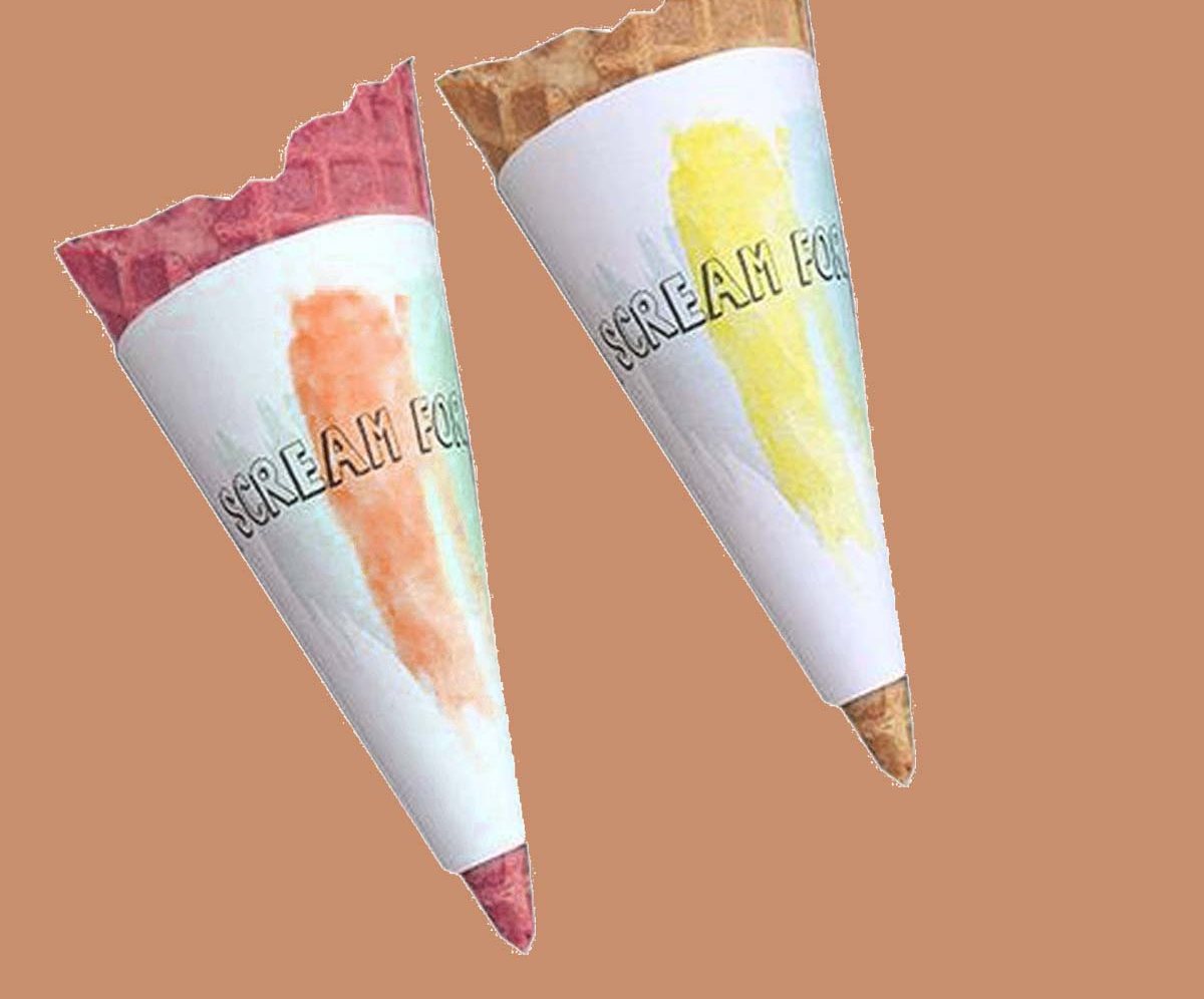 Two printed cone wraps holding scoops of fruit sorbet