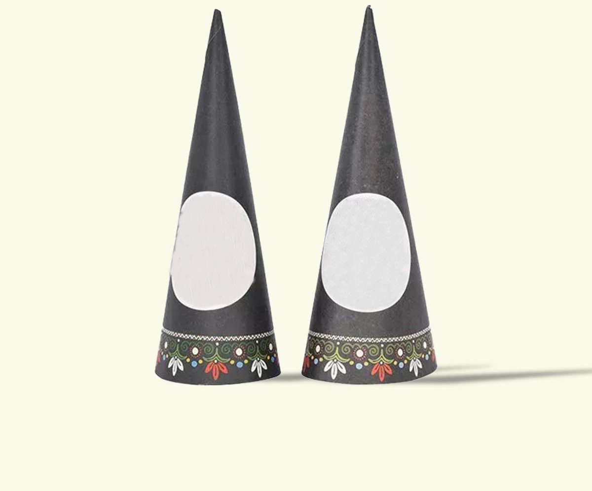 Pair of dark cone sleeves finished with a plain white oval label