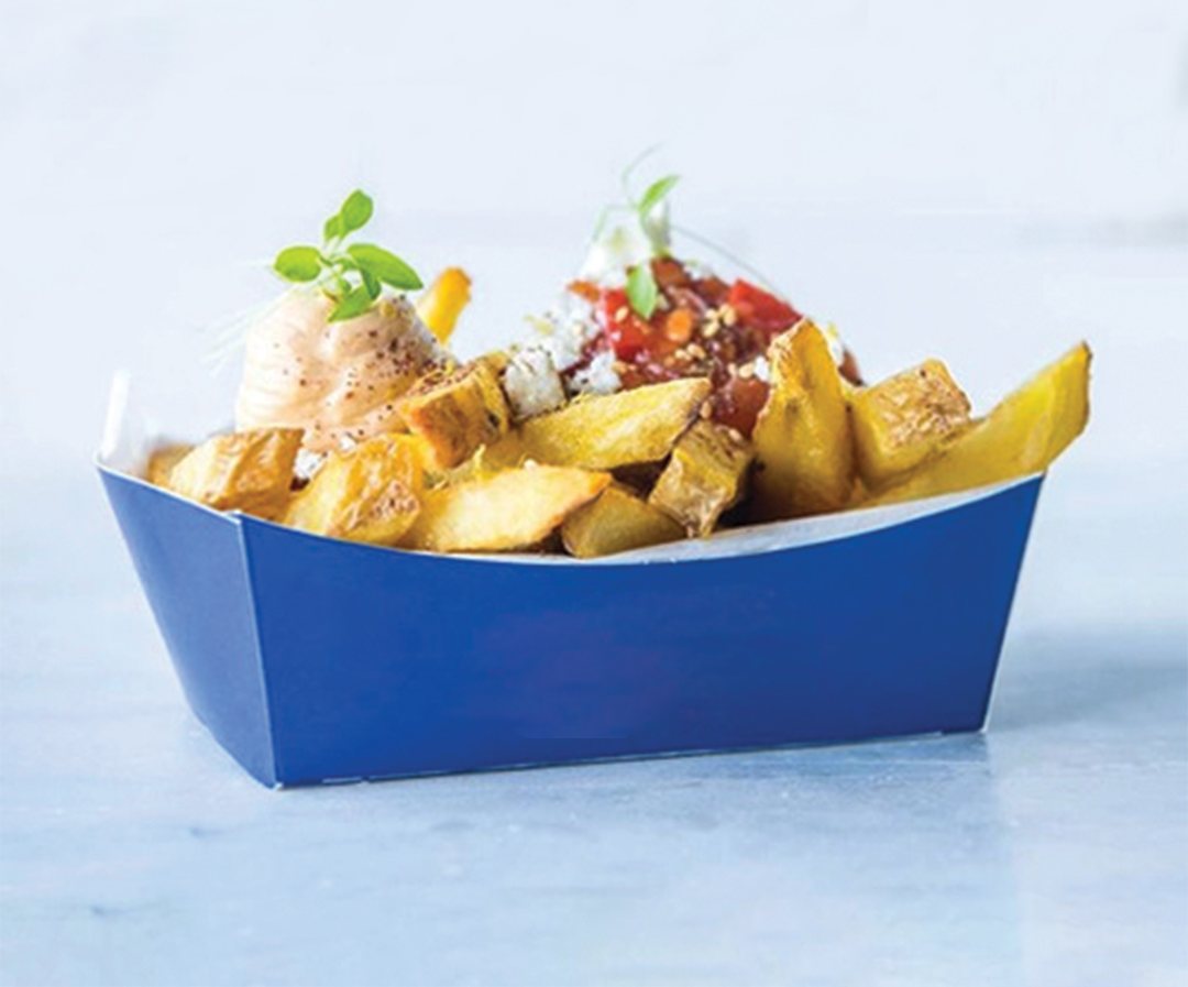 Blue board snack tray holding loaded fries with toppings