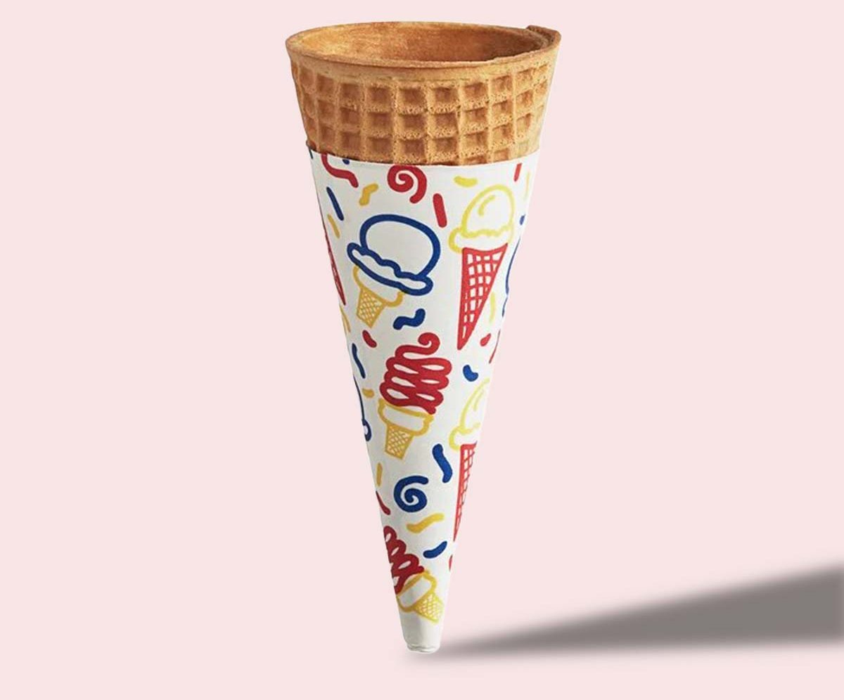 White cone sleeve carrying a detailed multi-color illustration