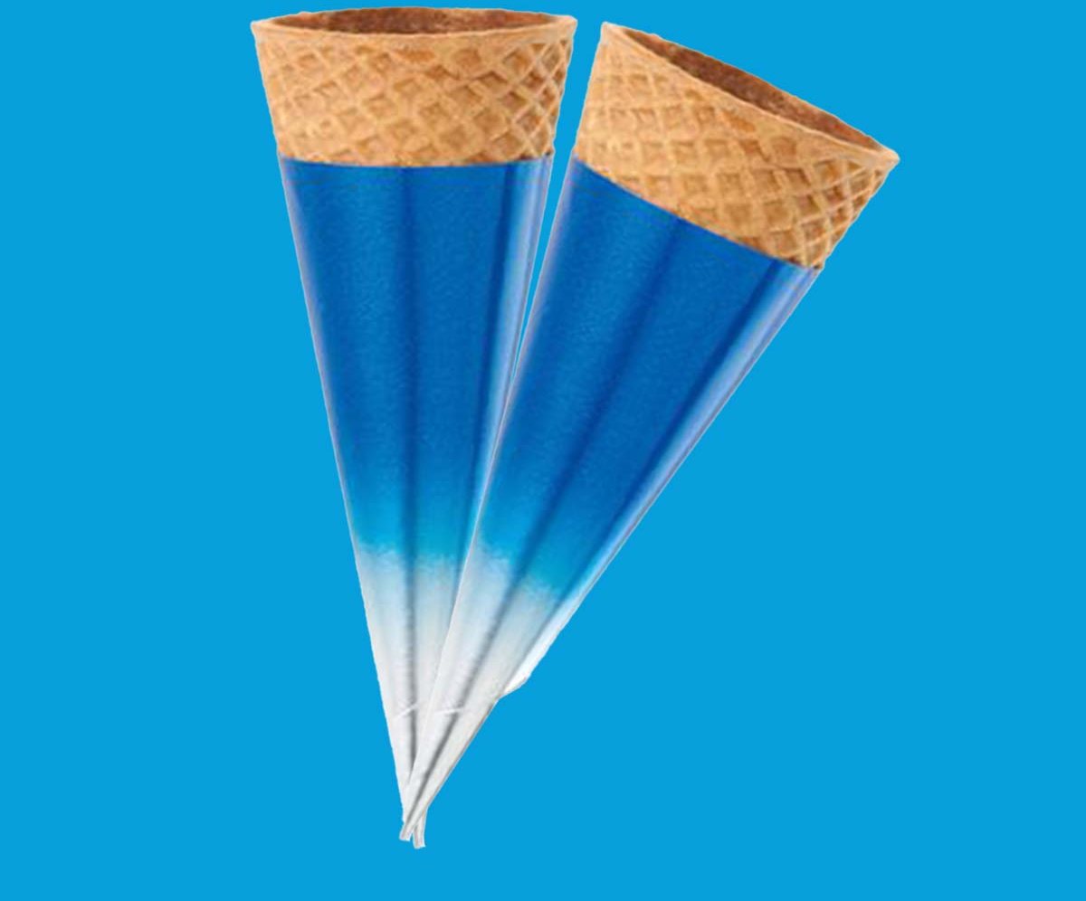 Two sugar cones in blue gradient sleeves against a blue background