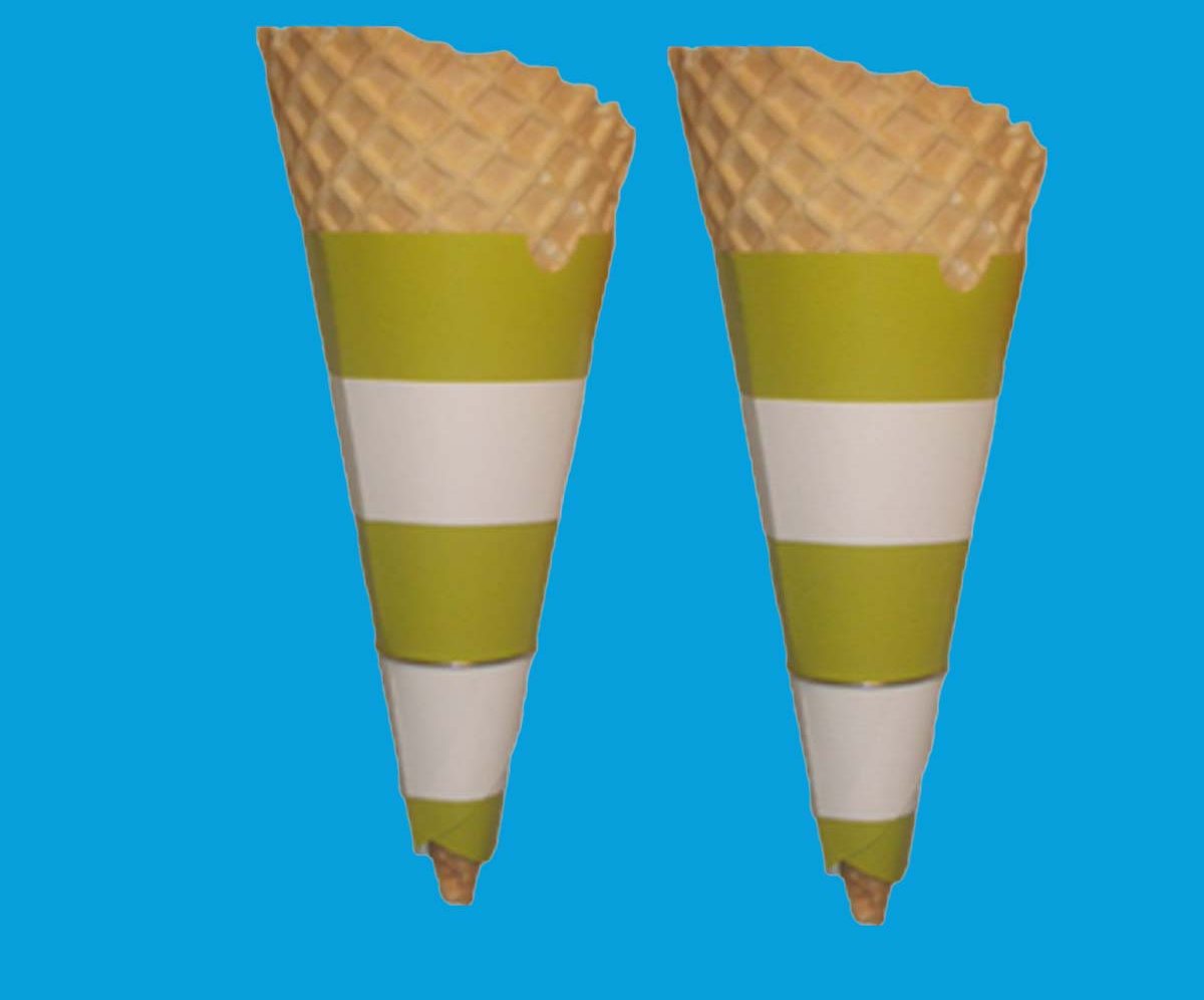 Olive and white banded sleeves fitted to a pair of sugar cones
