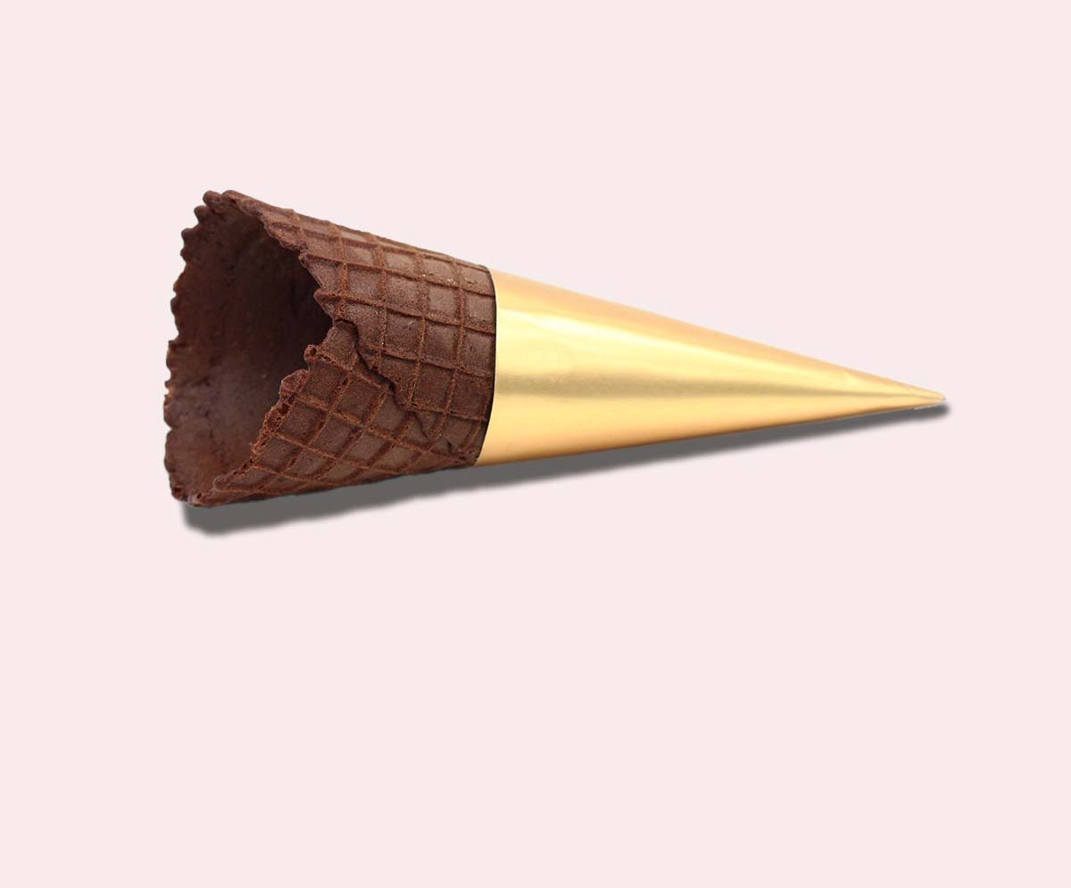 Chocolate sugar cone finished with a gold wholesale printed sleeve