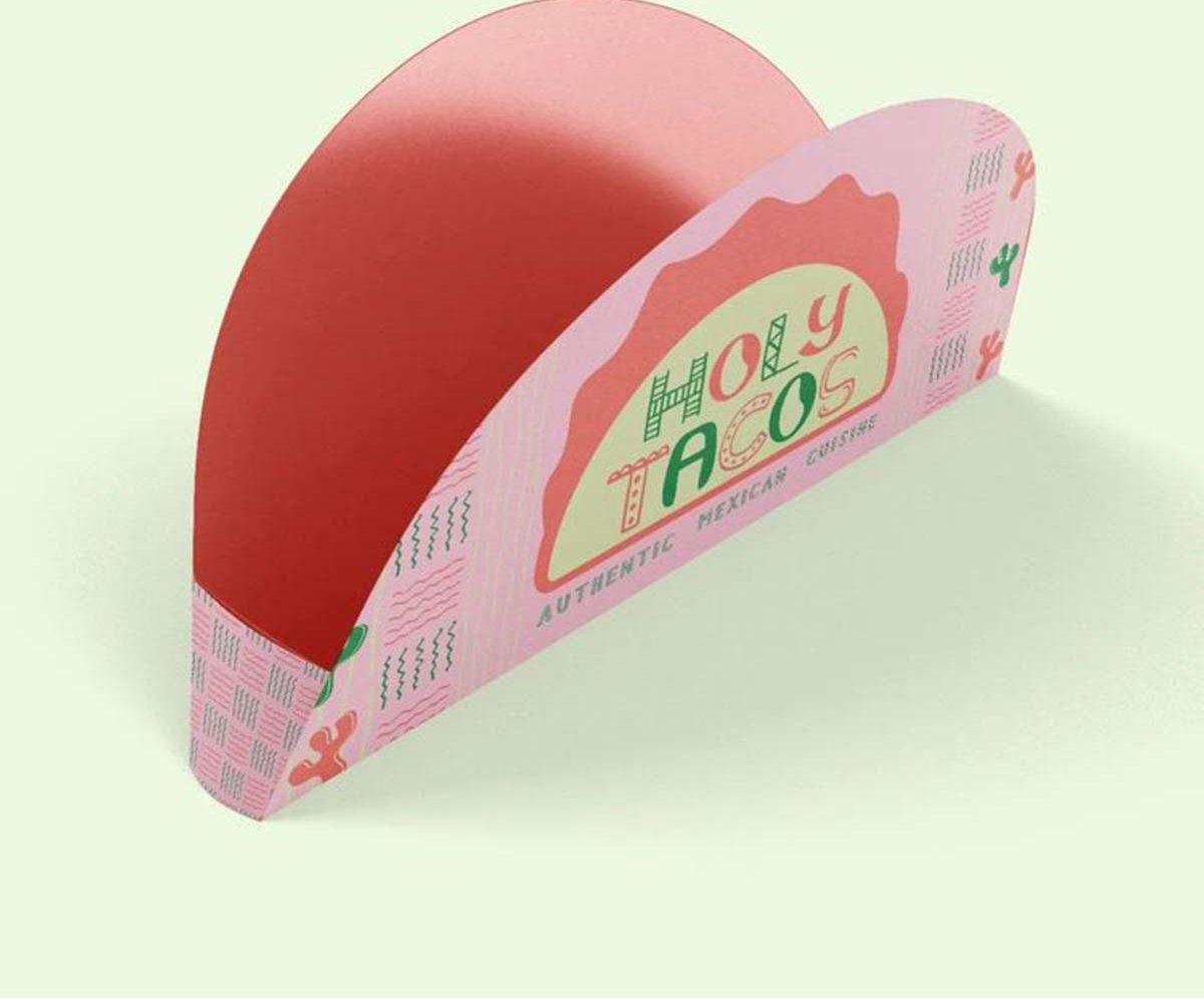 Pink arched taco holder printed with a playful wordmark