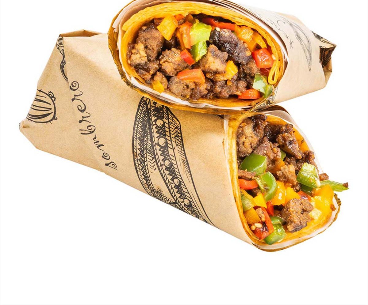 Kraft printed wraps holding two loaded burritos