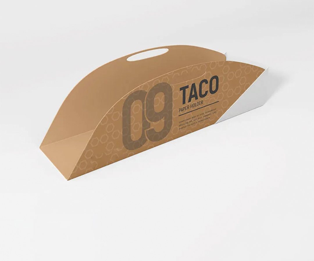 Kraft arched taco holder printed with a numbered order label
