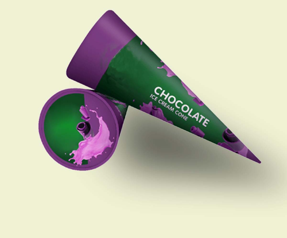 Green and purple two-color cone sleeve printed with a chocolate label