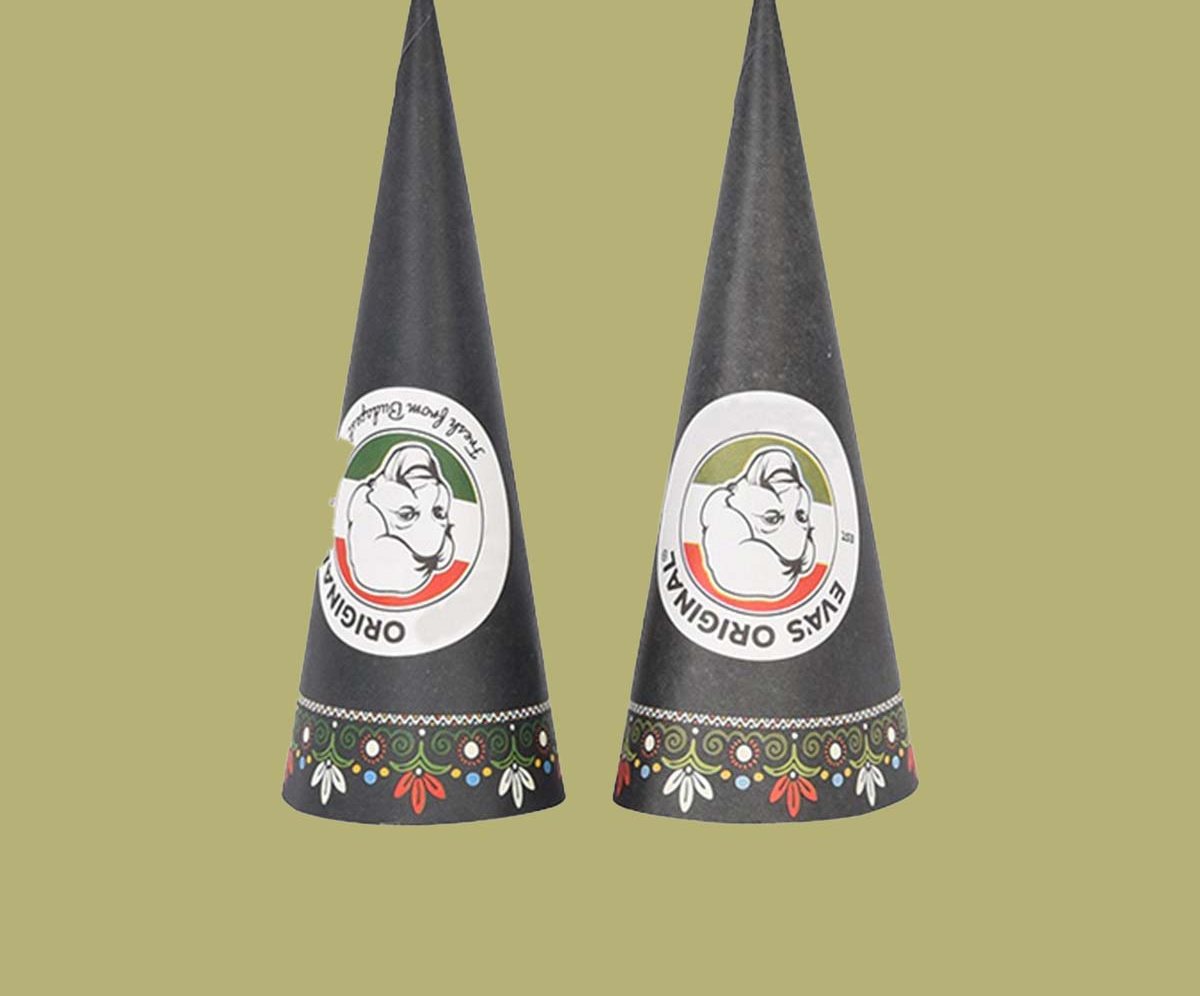 Black cardboard cone sleeves finished with a white circular label