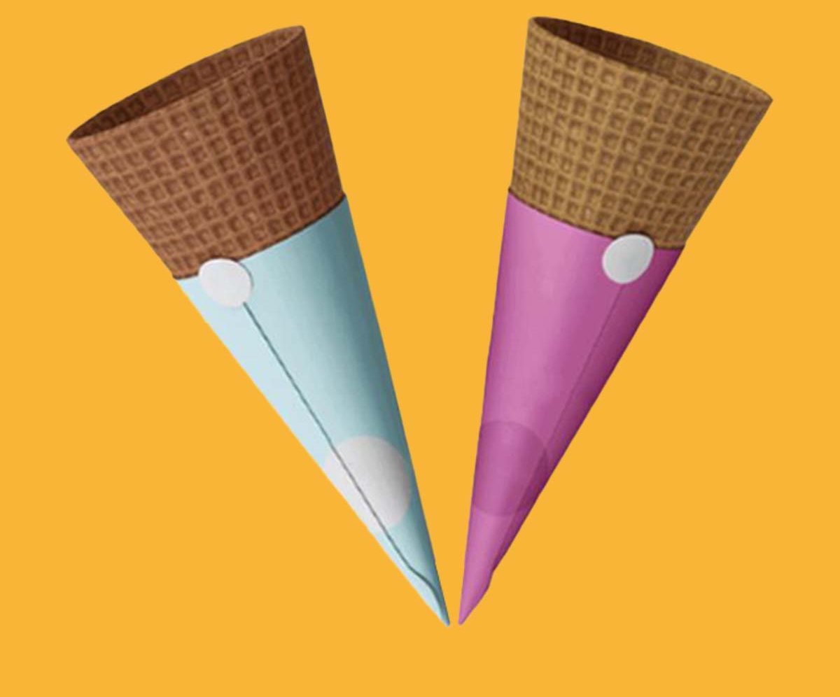 Blue and pink cone sleeves fitted to waffle cones on a yellow backdrop