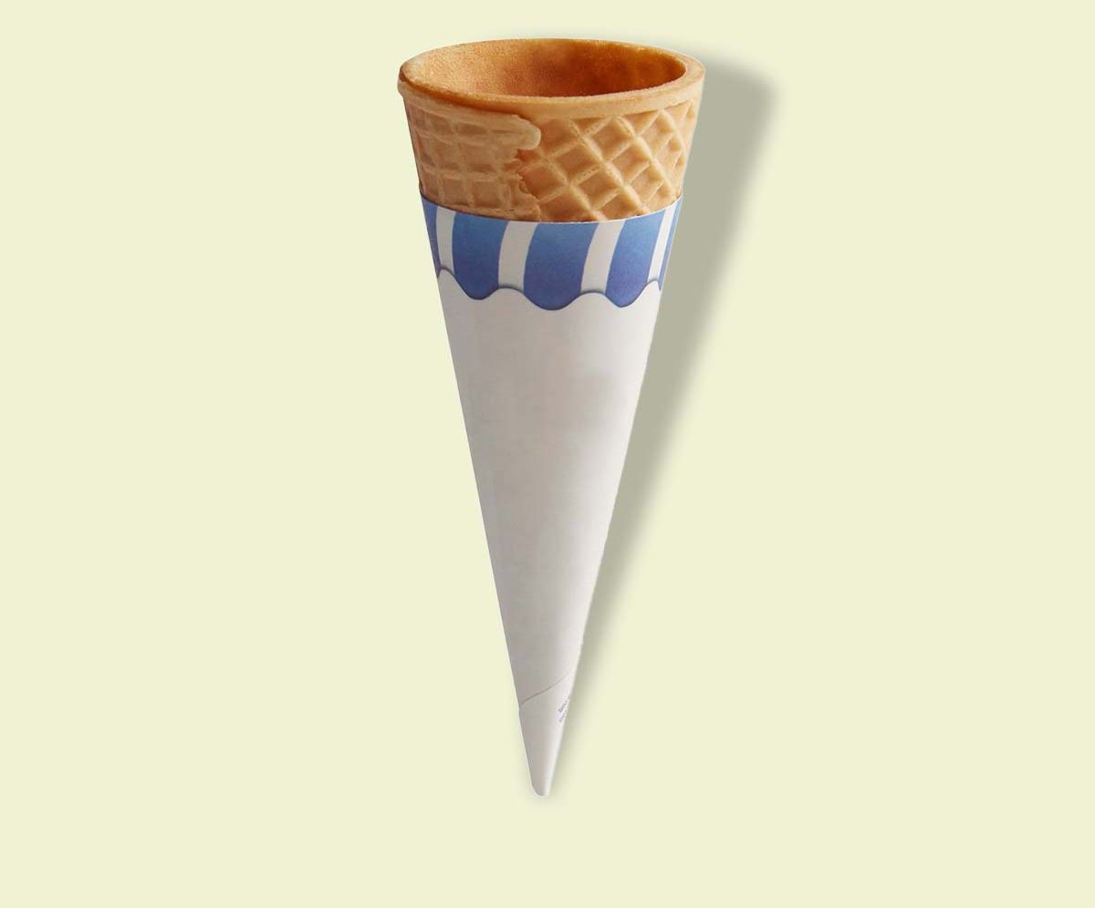 Wholesale waffle cone sleeve printed with a blue scalloped band