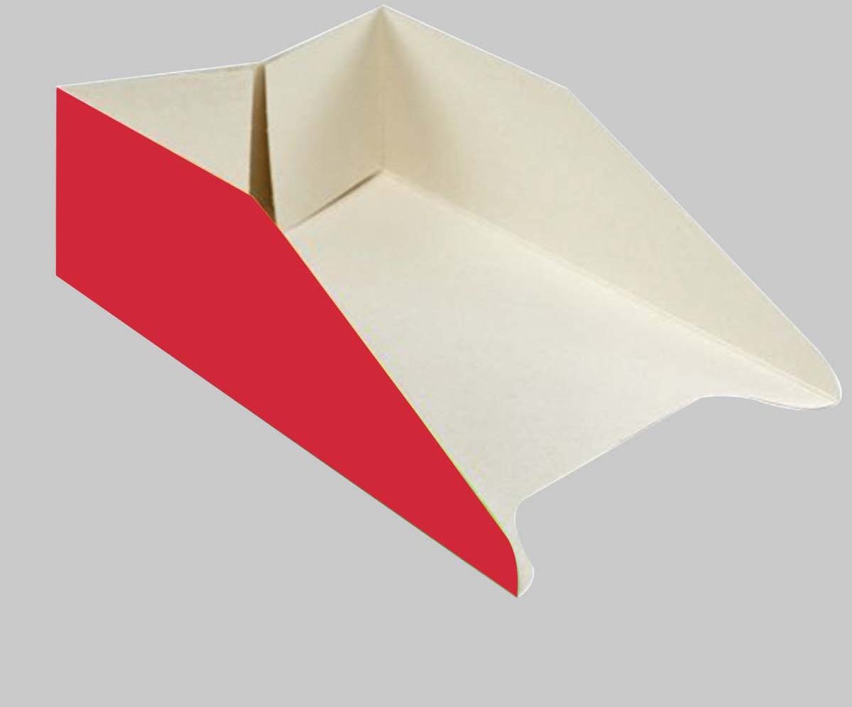 Deep white waffle tray with a red interior shown at an angle