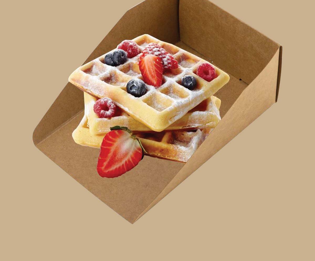 Kraft waffle tray holding waffles with berries and cream