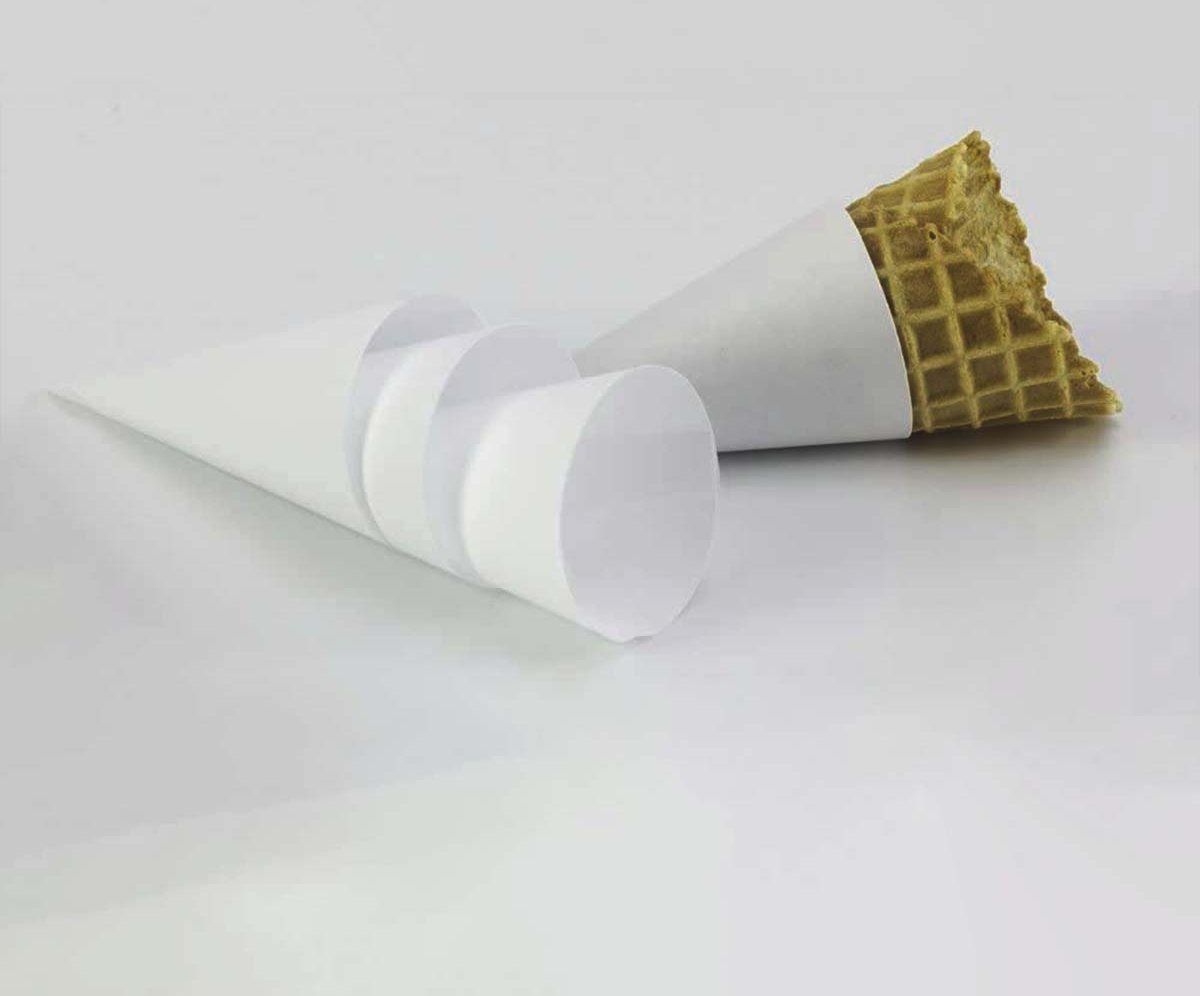 Uncoated cone sleeves shown flat beside a bare waffle cone