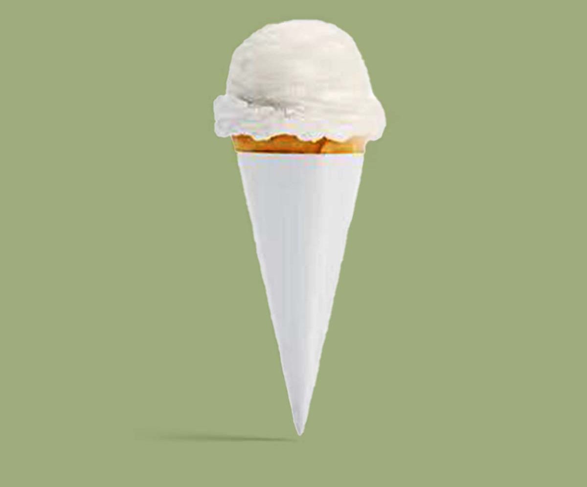 Paper cone sleeve supporting a single scoop of vanilla ice cream