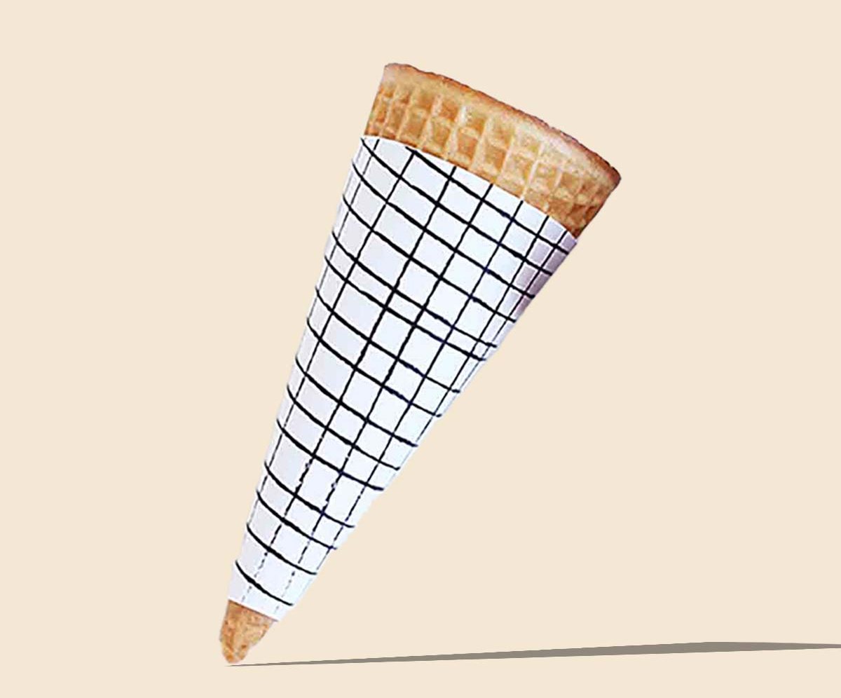 White paper cone sleeve printed with a blue grid pattern