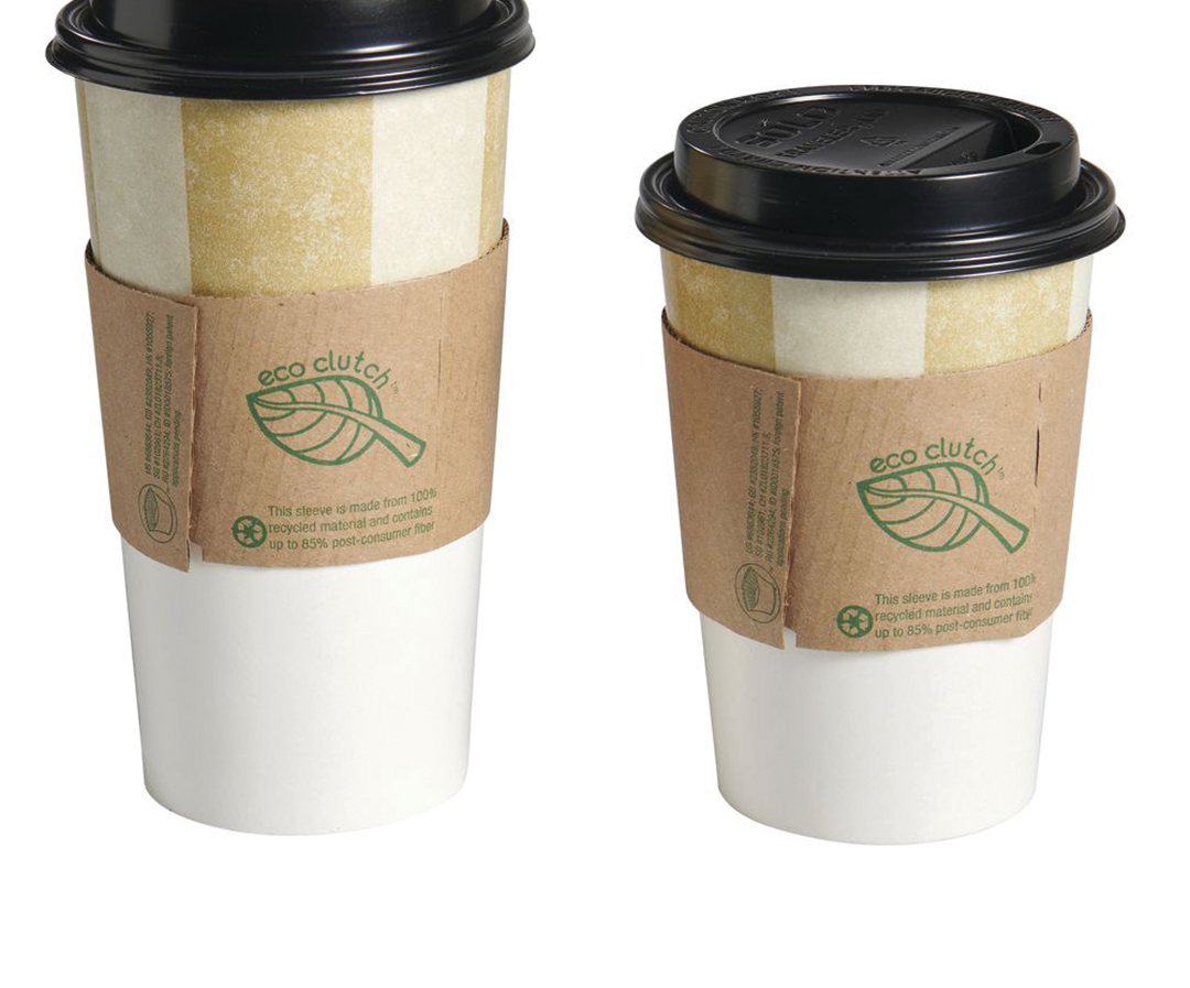 Recycled board cup sleeves printed with a simple leaf mark
