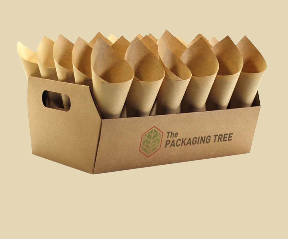 Branded kraft cone caddy holding filled paper cones