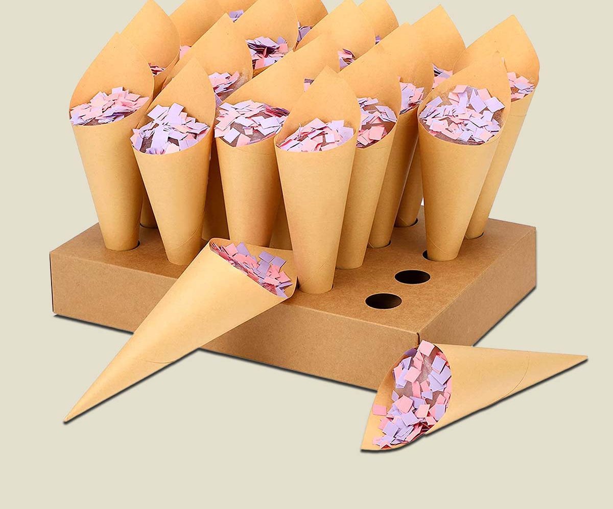 Kraft cone tray filled with paper cones topped with sprinkles