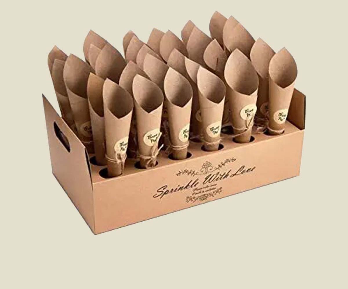 Printed cone tray carrying a row of filled paper cones