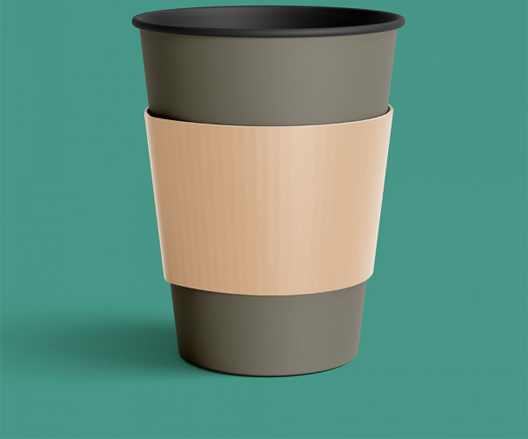 Wide tan board sleeve wrapped around a lidded drink cup