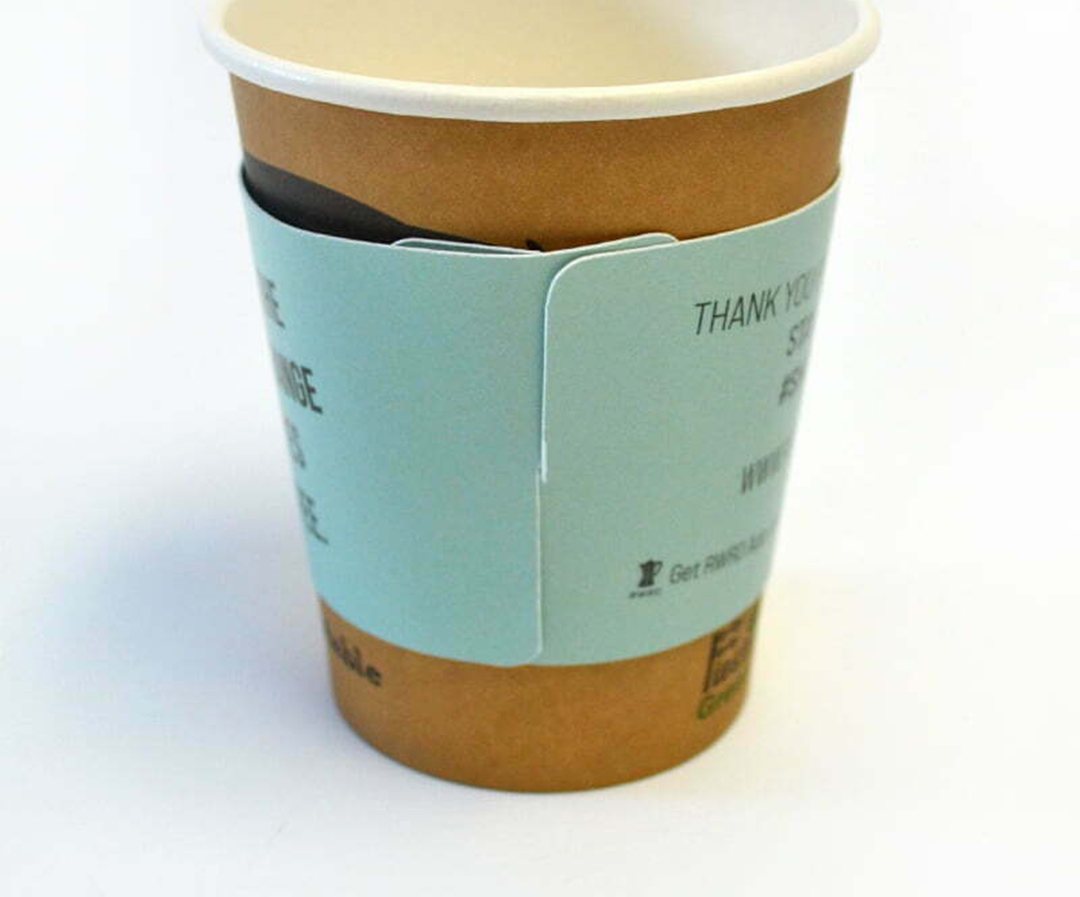 Pale blue beverage sleeve printed with a thank you message